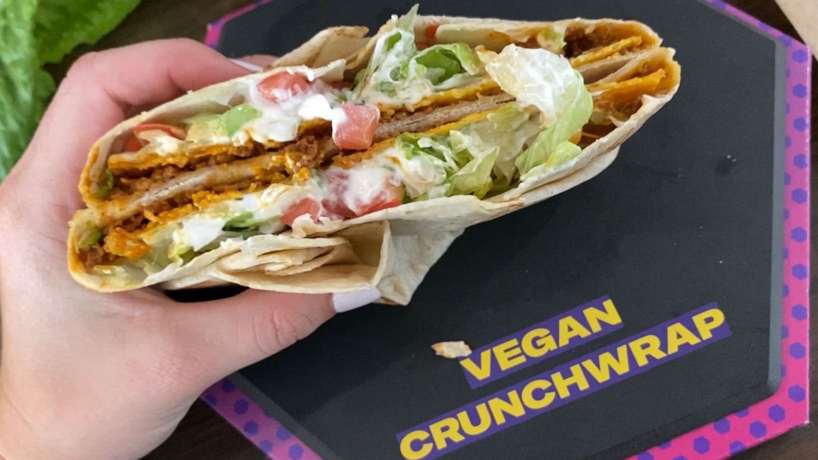 PHOTO: A cross-section of the new Vegan Crunchwrap at Taco Bell.