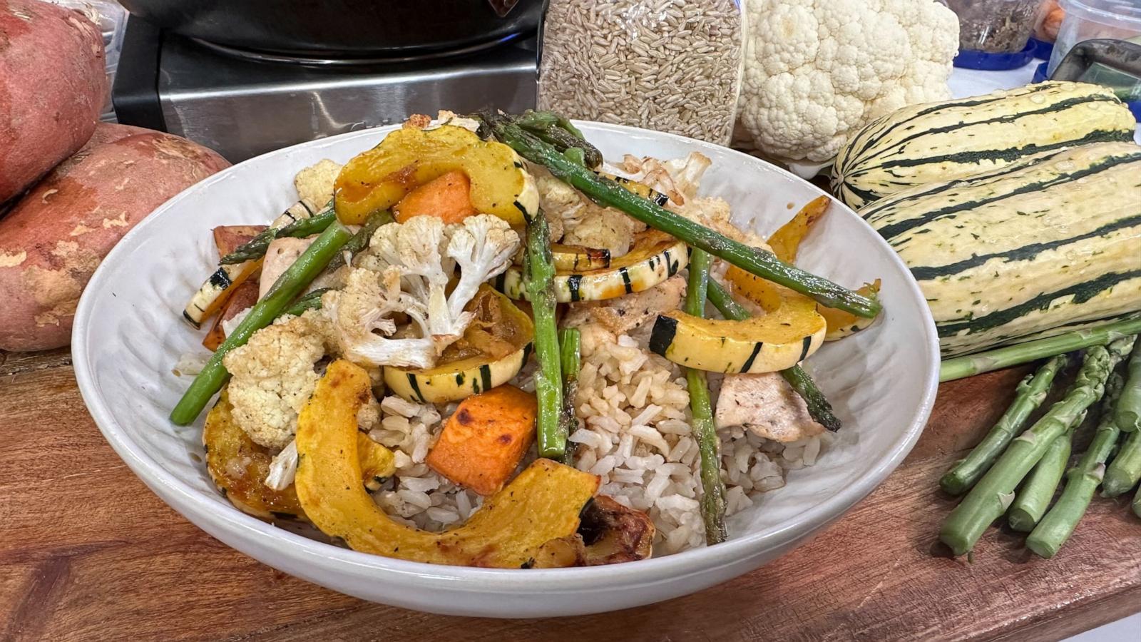 PHOTO: A healthy brown rice and roasted vegetable bowl.