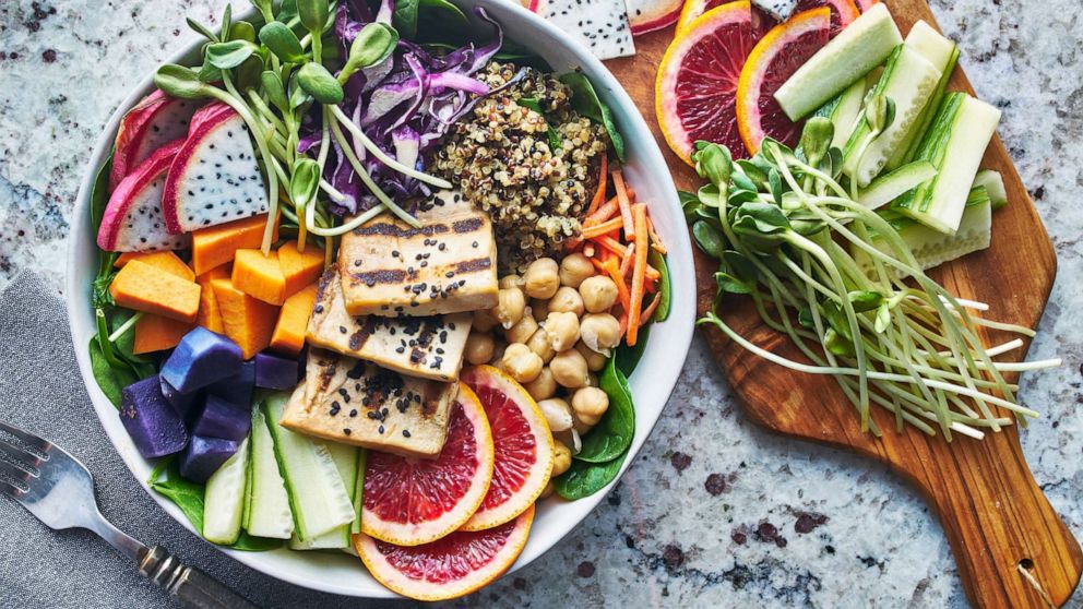 PHOTO: A bowl of mixed vegetables, greens, fruits and grains is pictured in a stock image.