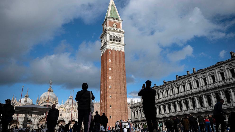 PHOTO: Tourists visit San Marco Square on April 24, 2024 in Venice, Italy.