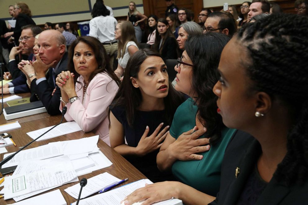 PHOTO:Rep. Alexandria Ocasio-Cortez (3R) speaks with Rep. Rashida Tlaib (2R) as Rep. Veronica Escobar (4R) and Rep. Ayanna S. Pressley (R) look on during a hearing on "The Trump Administration's Child Separation Policy on July 12, 2019 in Washington.