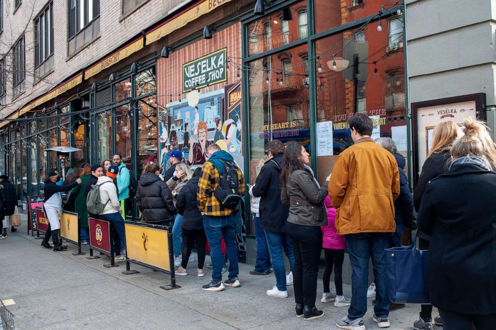 PHOTO: Lines of people wait outside Veselka Ukrainian restaurant in New York City, March 5, 2022.
