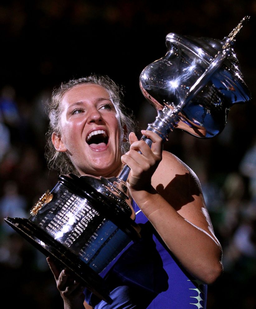 PHOTO: Victoria Azarenka of Belarus poses with the Daphne Akhurst Memorial Cup after winning her women's final match at the 2012 Australian Open at Melbourne Park on Jan. 28, 2012 in Melbourne, Australia.