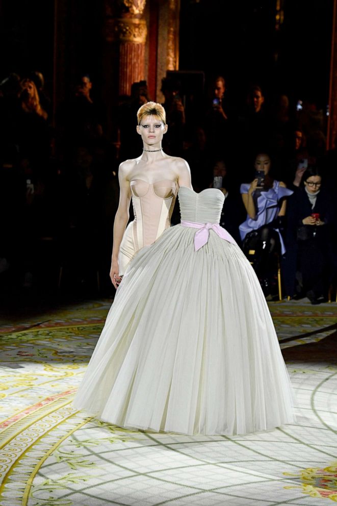 PHOTO: A model walks the runway during the Viktor & Rolf Haute Couture Spring Summer 2023 show as part of Paris Fashion Week, Jan. 25, 2023, in Paris.