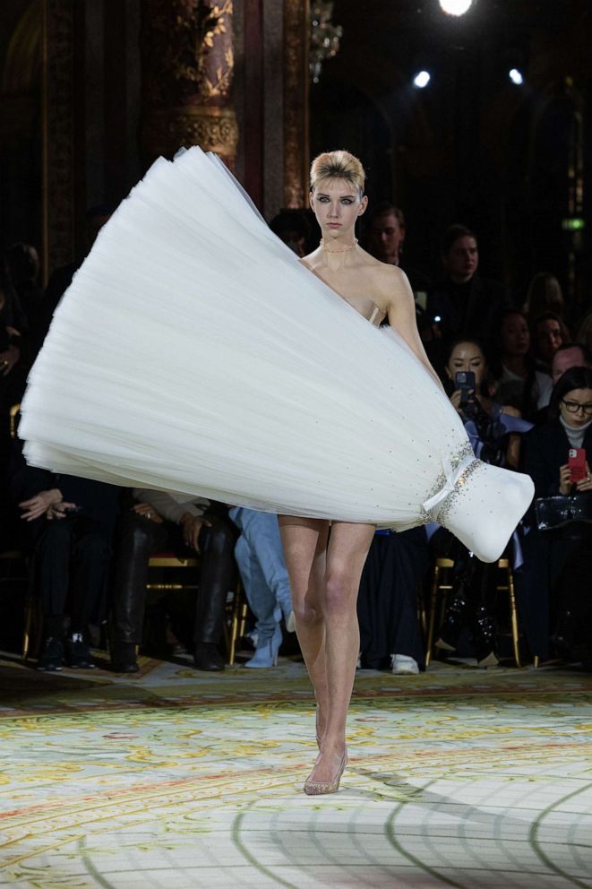 PHOTO: A model walks the runway during the Viktor & Rolf Haute Couture Spring Summer 2023 show as part of Paris Fashion Week, Jan. 25, 2023, in Paris.