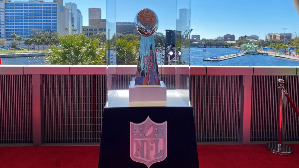 PHOTO: The Vince Lombardi trophy is on display before it is awarded to the winning team of Super Bowl LV in Tampa, Fla., Feb. 5, 2021. 