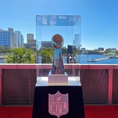 PHOTO: The Vince Lombardi trophy is on display before it is awarded to the winning team of Super Bowl LV in Tampa, Fla., Feb. 5, 2021. 