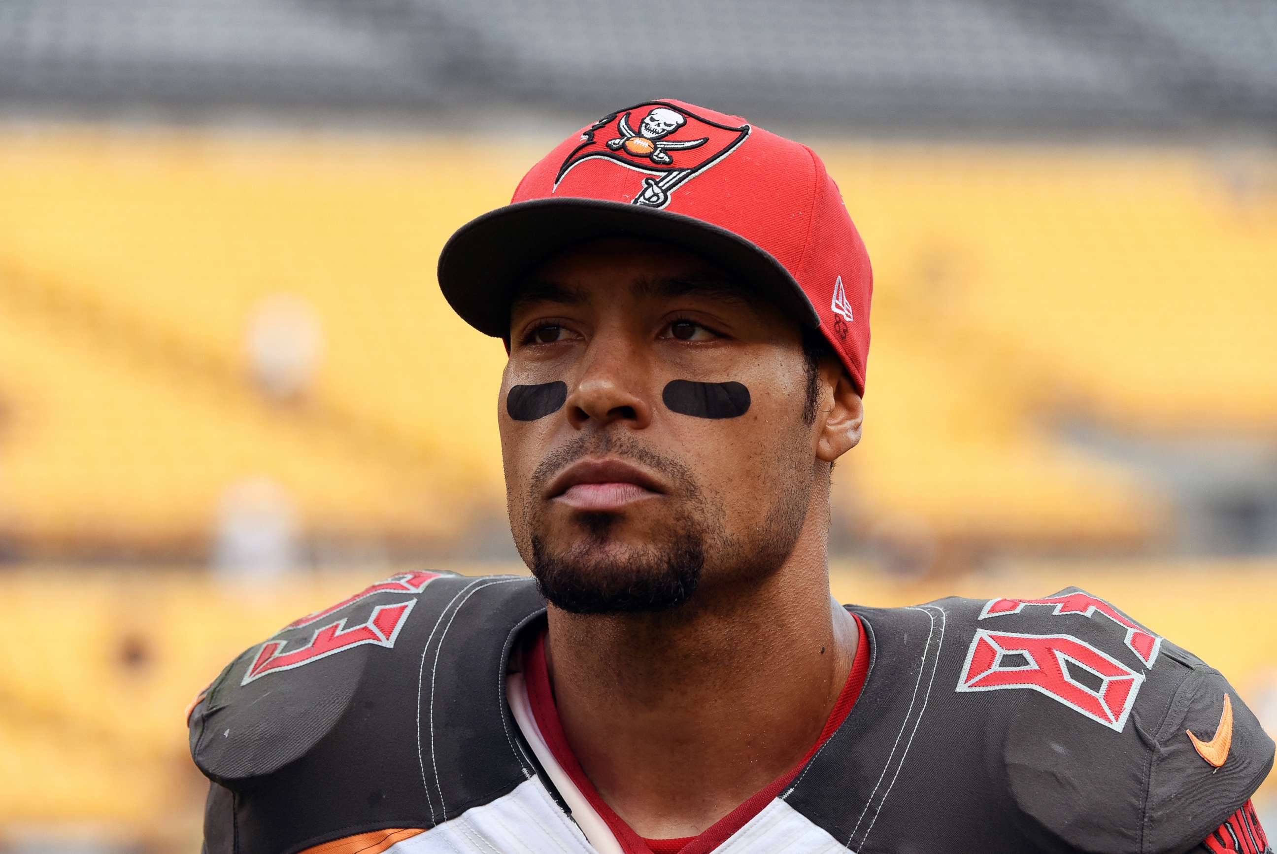 PHOTO: Wide receiver Vincent Jackson of the Tampa Bay Buccaneers looks on from the field at Heinz Field on Sept. 28, 2014, in Pittsburgh, Penn.