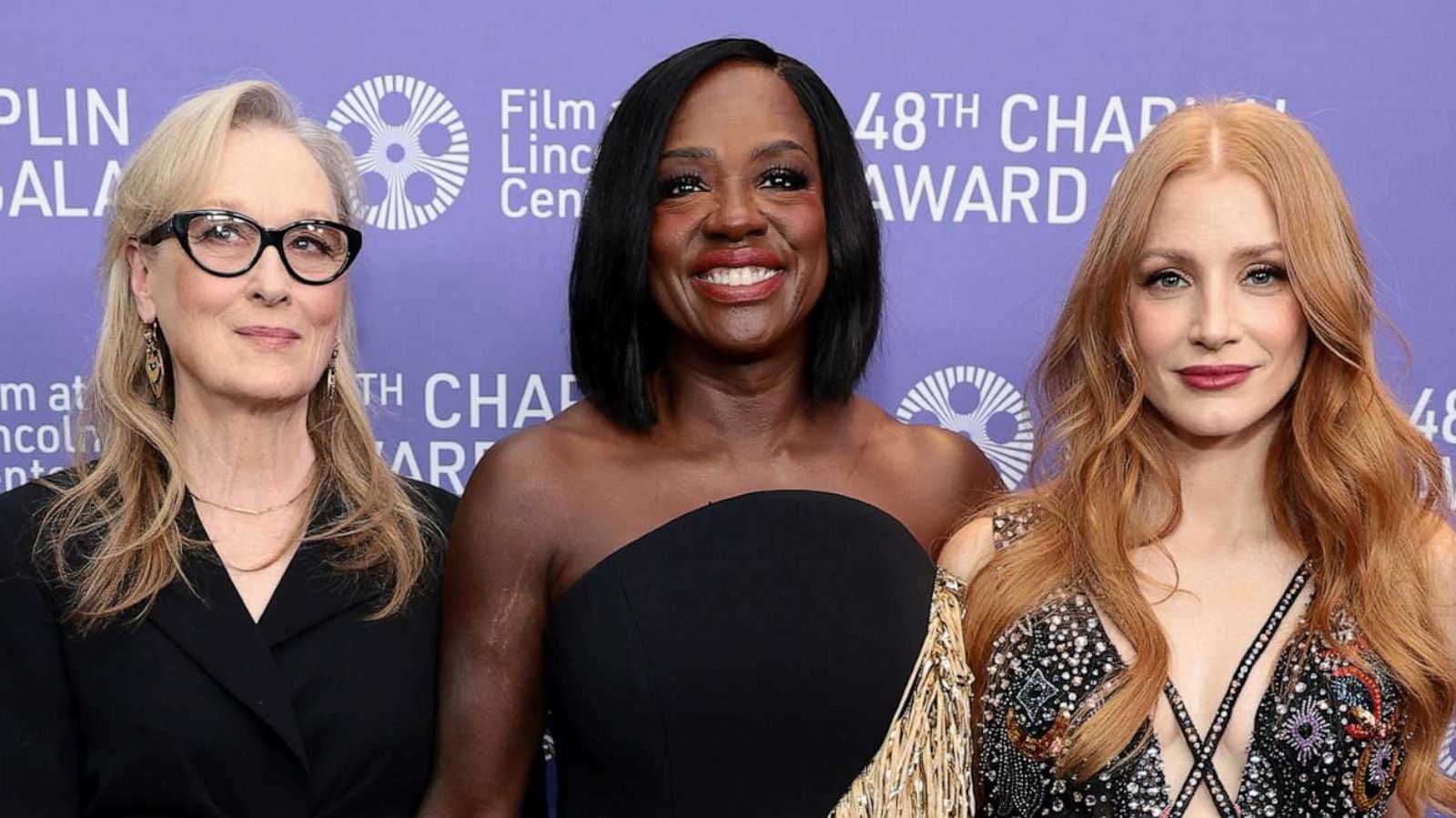 PHOTO: Meryl Streep, Viola Davis and Jessica Chastain attend the 2023 Chaplin Award Gala honoring Viola Davis at Alice Tully Hall, Lincoln Center, April 24, 2023, in New York.