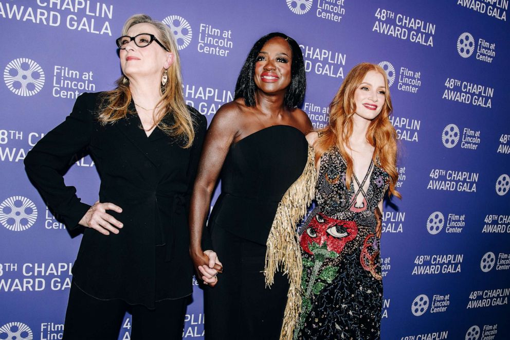 PHOTO: Meryl Streep, Viola Davis and Jessica Chastain at the 48th Chaplin Award Gala held at Alice Tully Hall, April 24, 2023, in New York.