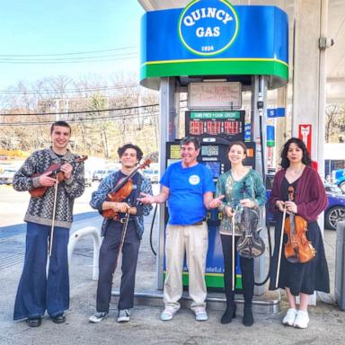 PHOTO: A rotation of violists are performing live music for customers at Quincy Gas station in Quincy, Massachusetts.