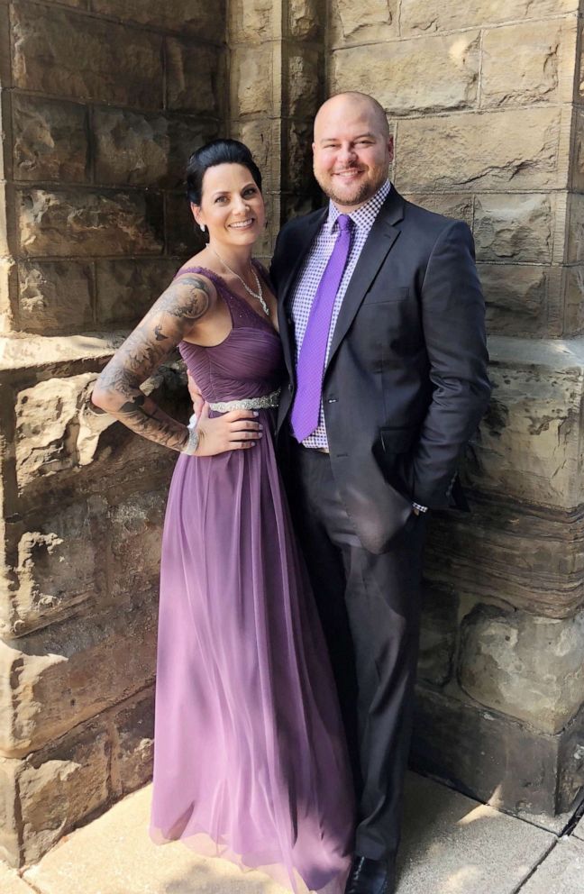 PHOTO: Jessica Leonard of Ohio who showed off her tattoos in a viral headshot, poses with her husband Joe Leonard.