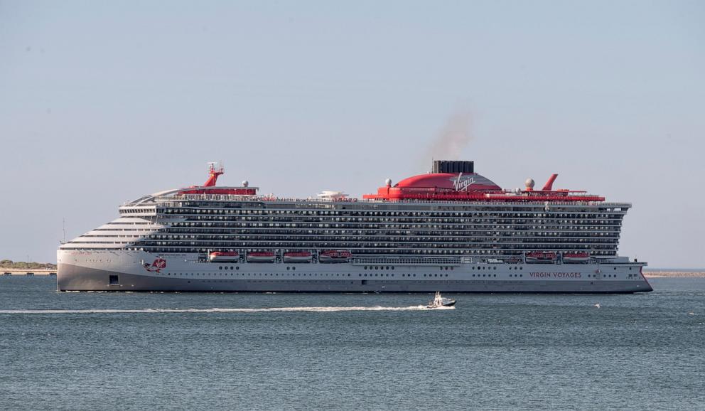 PHOTO: Resilient Lady, a 110,000 GT cruise ship operated by Virgin Voyages, sails the Tagus River towards Lisbon cruise terminal on August 17, 2024, in Lisbon, Portugal. 