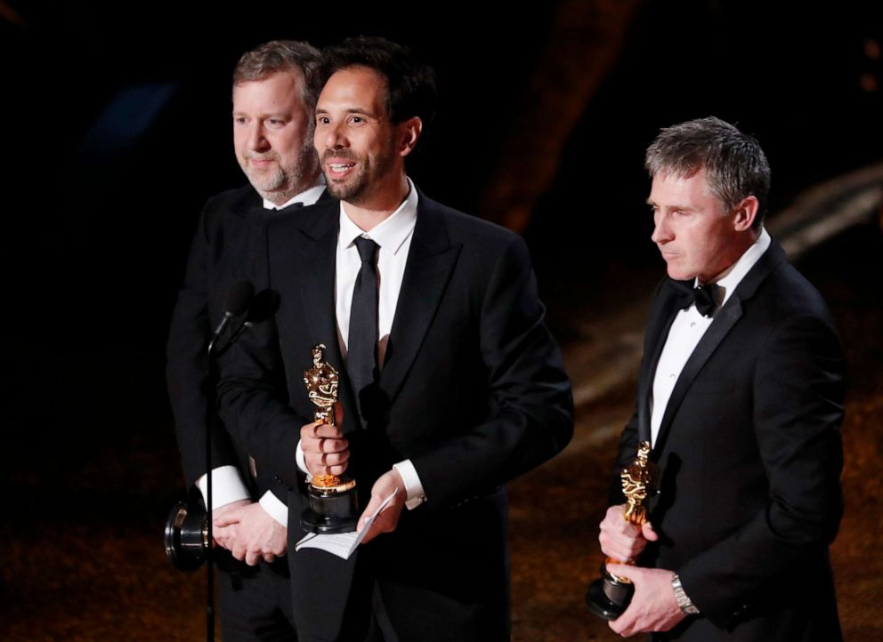 PHOTO: Guillaume Rocheron, Greg Butler and Dominic Tuohy win the Oscar for Best Visual Effects for "1917" at the 92nd Academy Awards in Hollywood, Los Angeles, Calif., Feb. 9, 2020.