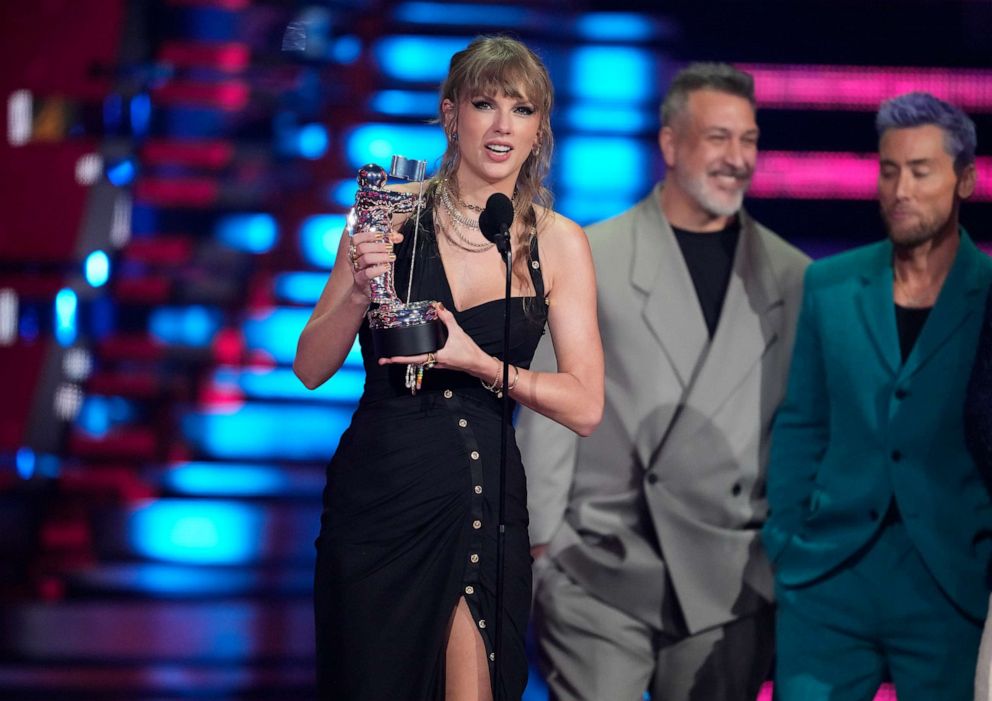 PHOTO: Taylor Swift accepts the award for best pop for "Anti-Hero"during the MTV Video Music Awards on Sept. 12, 2023, at the Prudential Center in Newark, N.J.