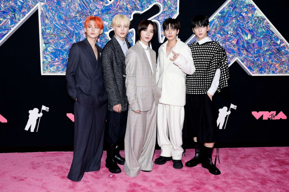 PHOTO: (L-R) Yeonjun, Huening Kai, Beomgyu, Kang Taehyun and Soobin of TOMORROW X TOGETHER attend the 2023 MTV Video Music Awards at Prudential Center on Sept. 12, 2023 in Newark, N. J.