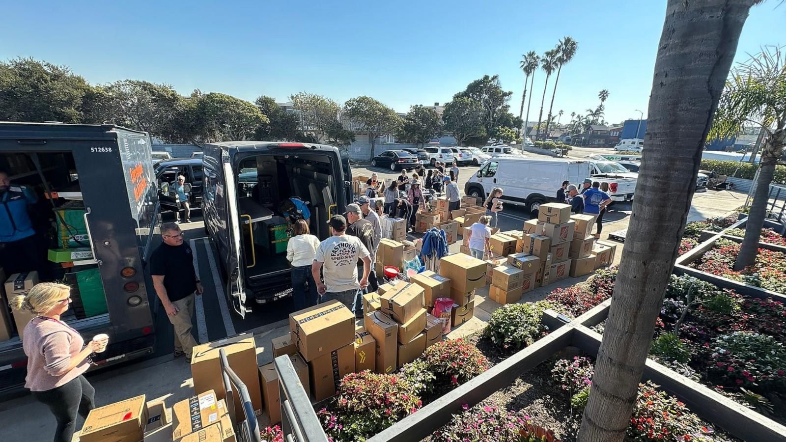 PHOTO: Boxes of supplies and products are collected for distribution to deliver to first responders and evacuees during the Los Angeles fires.