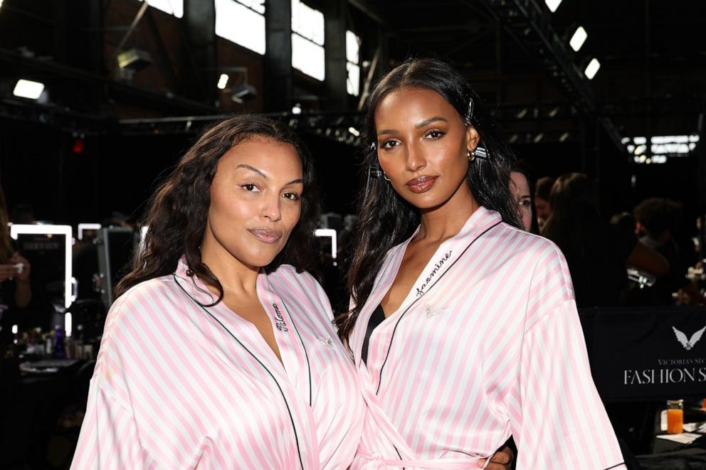 PHOTO: Paloma Elsesser and Jasmine Tookes prepare backstage at the Victoria's Secret Fashion Show 2024, Oct. 15, 2024, in New York.