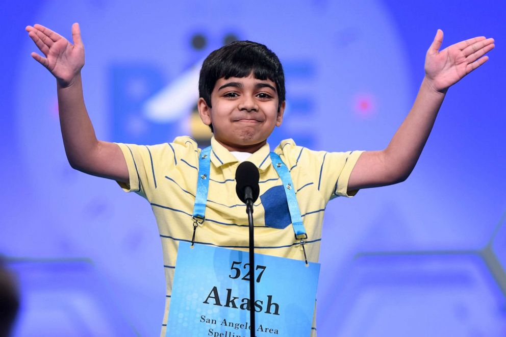 PHOTO: Akash Vukoti, 10, of San Angelo, Texas, blows a kiss after correctly spelling his word as he competes in the third round of the Scripps National Spelling Bee in Oxon Hill, Md., Wednesday, May 29, 2019. (AP Photo/Susan Walsh)
