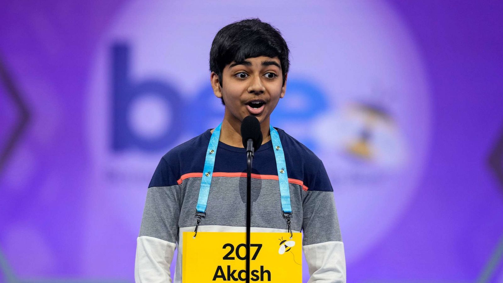 PHOTO: Akash Vukoti, 14, from San Angelo, Texas, competes during the Scripps National Spelling Bee, May 30, 2023, in Oxon Hill, Md.