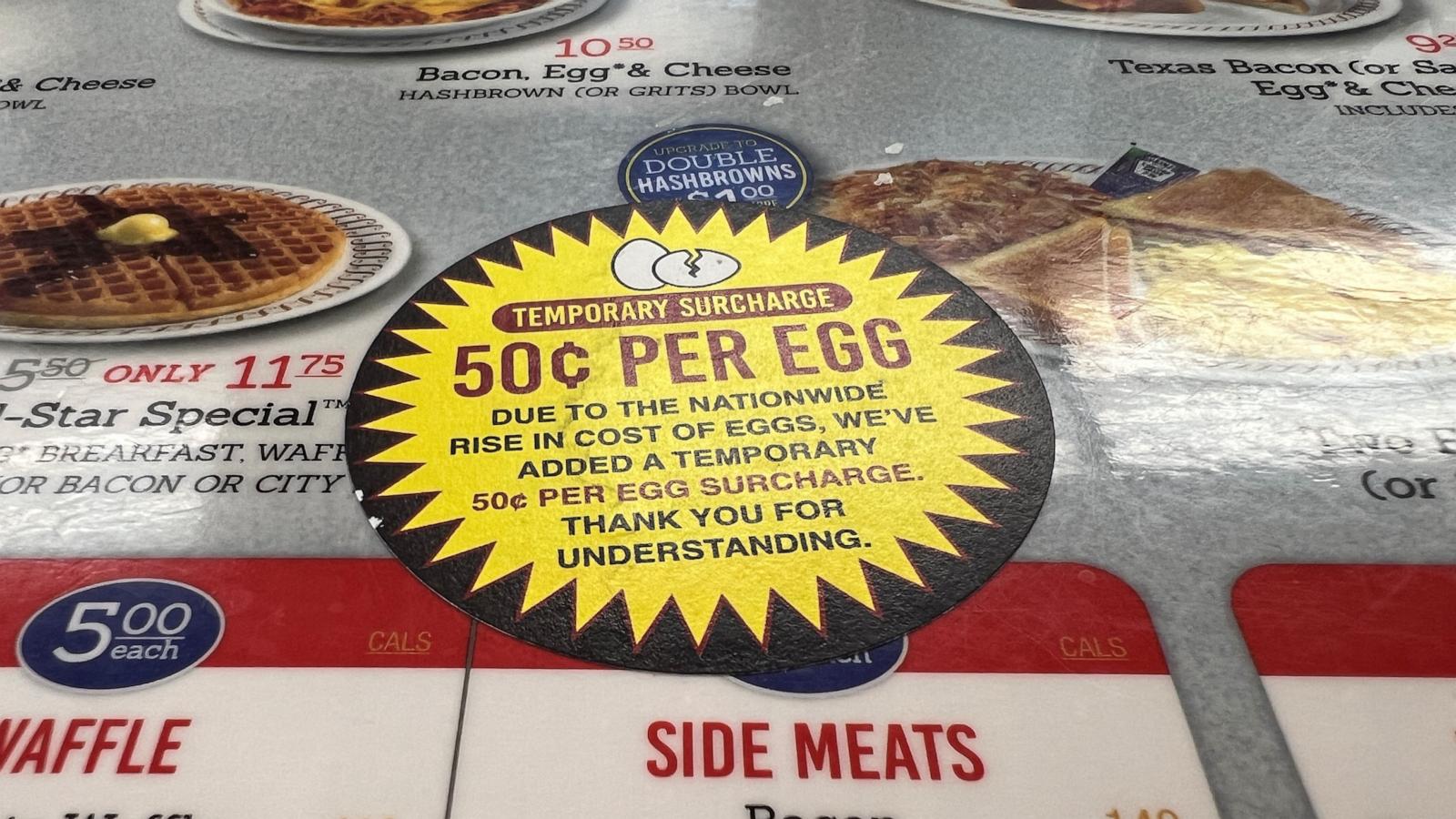 PHOTO: A menu in a Waffle House restaurant displays a sticker advising costumers of a 50 cent price hike per egg "due to the nationwide rise in cost of eggs," in Houston, Texas, Feb. 6, 2025.