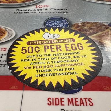PHOTO: A menu in a Waffle House restaurant displays a sticker advising costumers of a 50 cent price hike per egg "due to the nationwide rise in cost of eggs," in Houston, Texas, Feb. 6, 2025.