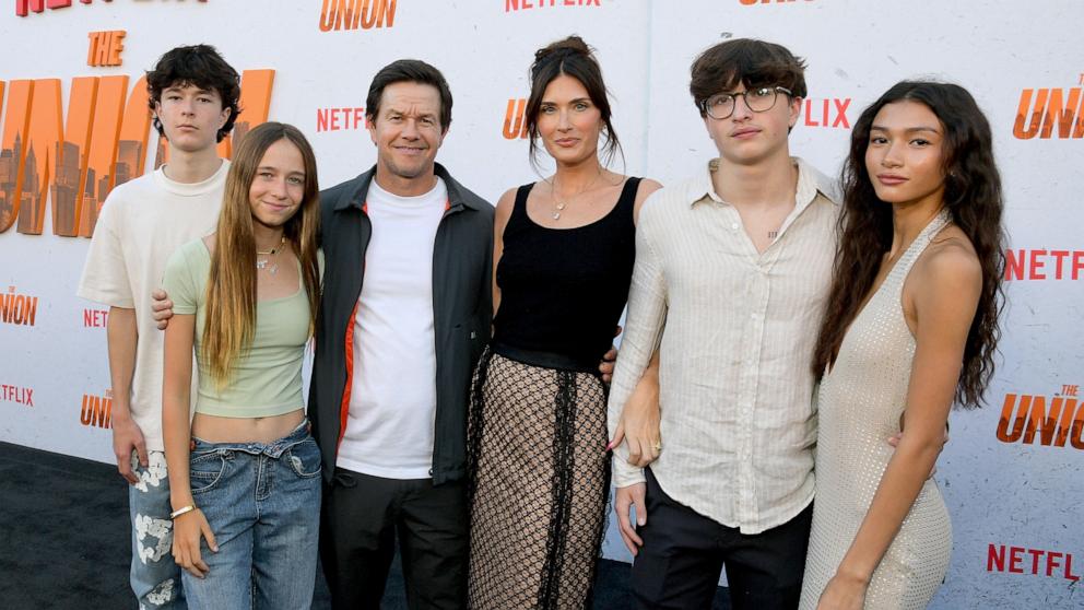 PHOTO: (L-R) Brendan Joseph Wahlberg, Grace Margaret Wahlberg, Mark Wahlberg, Rhea Durham, Michael Wahlberg and Sunni Gaines attend "The Union" premiere at The Egyptian Theatre Hollywood, Aug. 12, 2024, in Los Angeles.