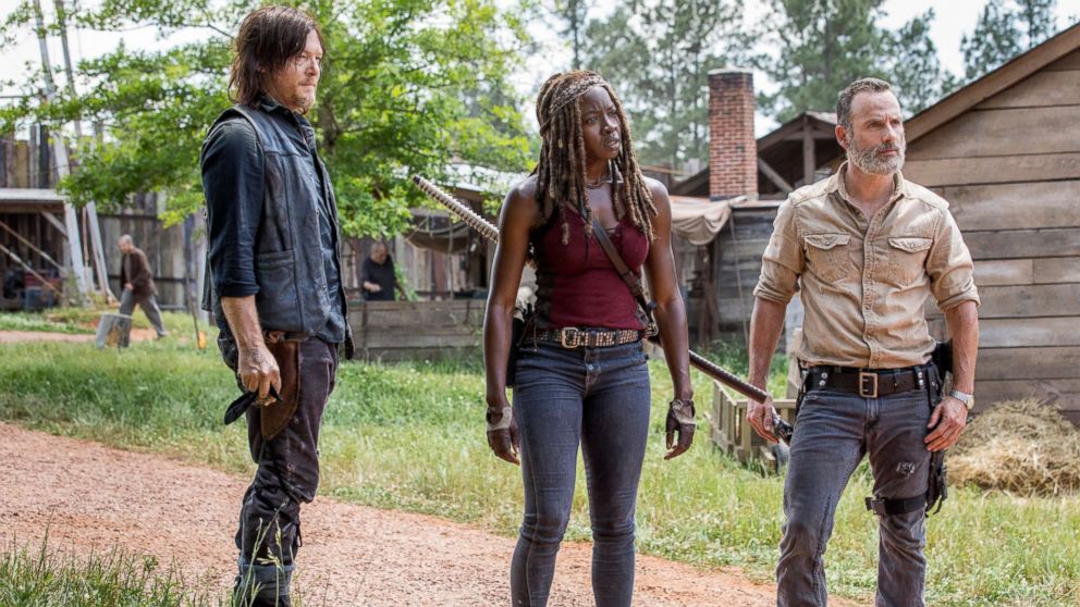 Norman Reedus, Andrew Lincoln and Danai Gurira are pictured in a photo from the opening episode of season nine of "The Walking Dead."