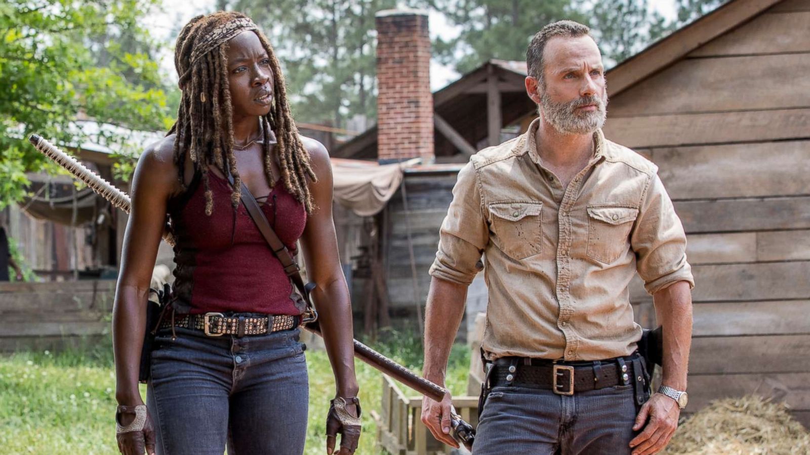 PHOTO: Norman Reedus, Andrew Lincoln and Danai Gurira are pictured in a photo from the opening episode of season nine of "The Walking Dead."