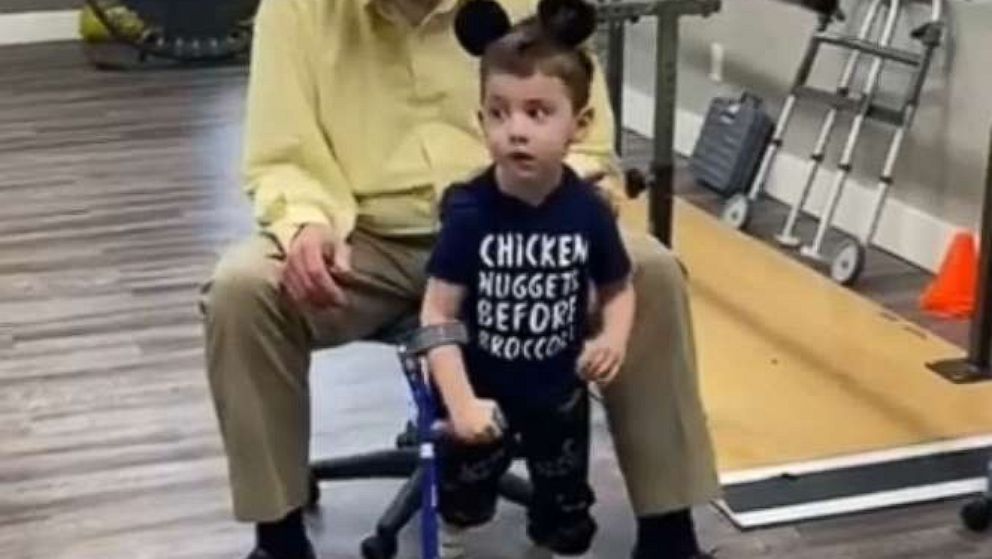 PHOTO: Oliver, 3, of Kentucky, practices walking with a crutch during his physical therapy session on Jan. 15, 2020.