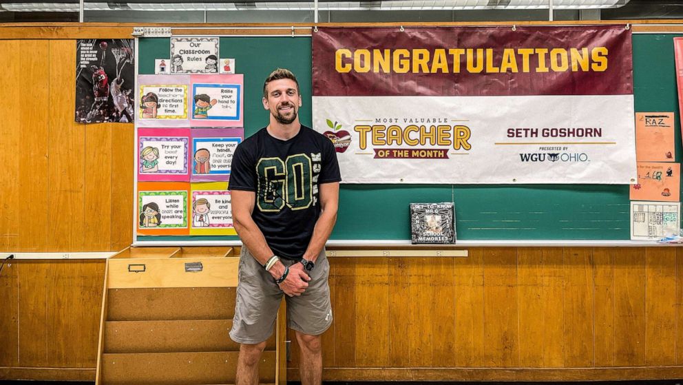 PHOTO: Seth Goshorn poses with his "Most Valuable Teacher" banner in his classroom in Ohio in an undated photo.