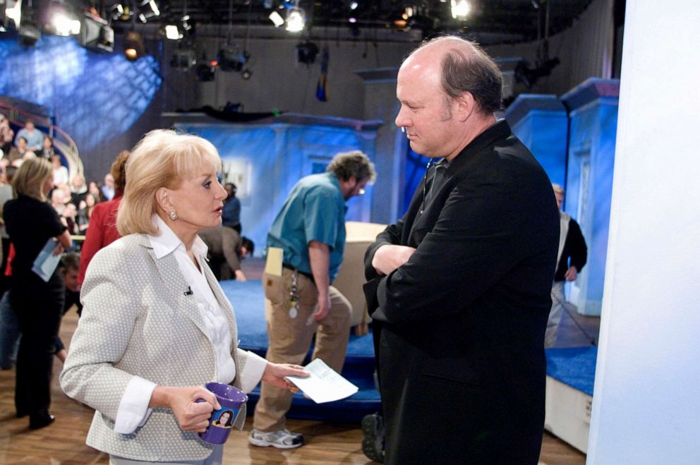 PHOTO: Barbara Walters and Bill Geddie on the set of "The View," April 11, 2007, in New York.