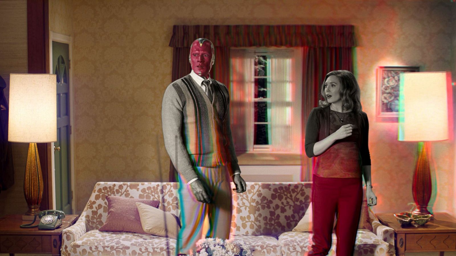 PHOTO: Paul Bettany, as Vision, left, and Elizabeth Olsen, as Wanda Maximoff, in a scene from "WandaVision."