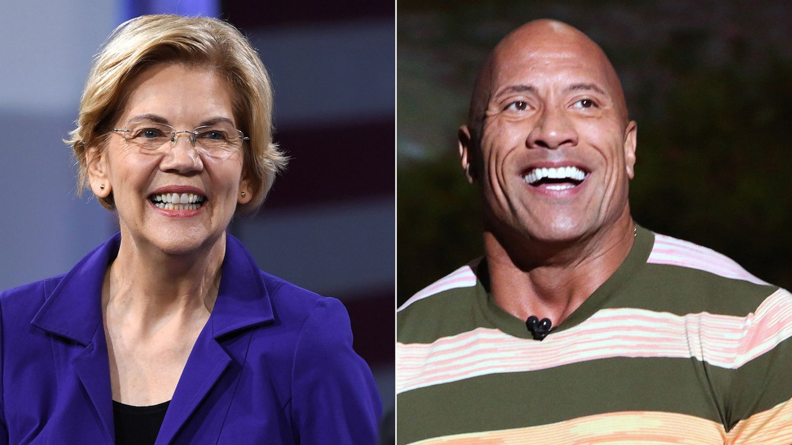 PHOTO: Sen. Elizabeth Warren smiles at a forum, April 27, 2019 in Las Vegas. | Dwayne Johnson of 'Jungle Cruise' took part today in the Walt Disney Studios presentation at Disneyï¿½s D23 EXPO 2019 in Anaheim, Calif.. August 24, 2019.