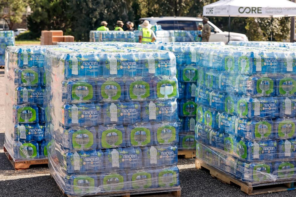 PHOTO: Officials distribute Federal Emergency Management Agency (FEMA) provided water, tarps, food and ice to residents on Sept. 30, 2024, after Hurricane Helene swept through Valdosta, Georgia.