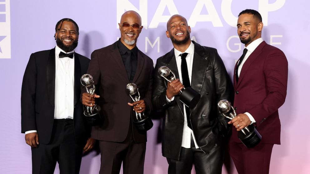 PHOTO: Craig Wayans, Damon Wayans, Marlon Wayans and Damon Wayans Jr., winners of the NAACP Awards Hall of Fame award, pose in the press room during the 56th NAACP Image Awards in Pasadena, Calif., Feb. 22, 2025.