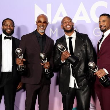 PHOTO: Craig Wayans, Damon Wayans, Marlon Wayans and Damon Wayans Jr., winners of the NAACP Awards Hall of Fame award, pose in the press room during the 56th NAACP Image Awards in Pasadena, Calif., Feb. 22, 2025.