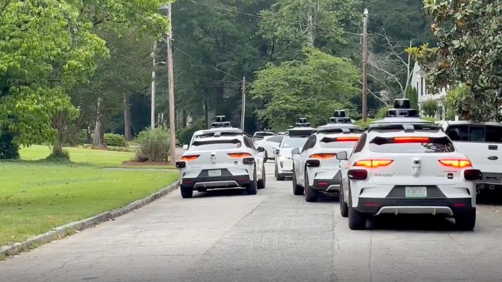PHOTO: Footage obtained by Storyful shows multiple Waymos driving down a street in an Atlanta neighborhood, circling a cul-de-sac and driving back up the street.