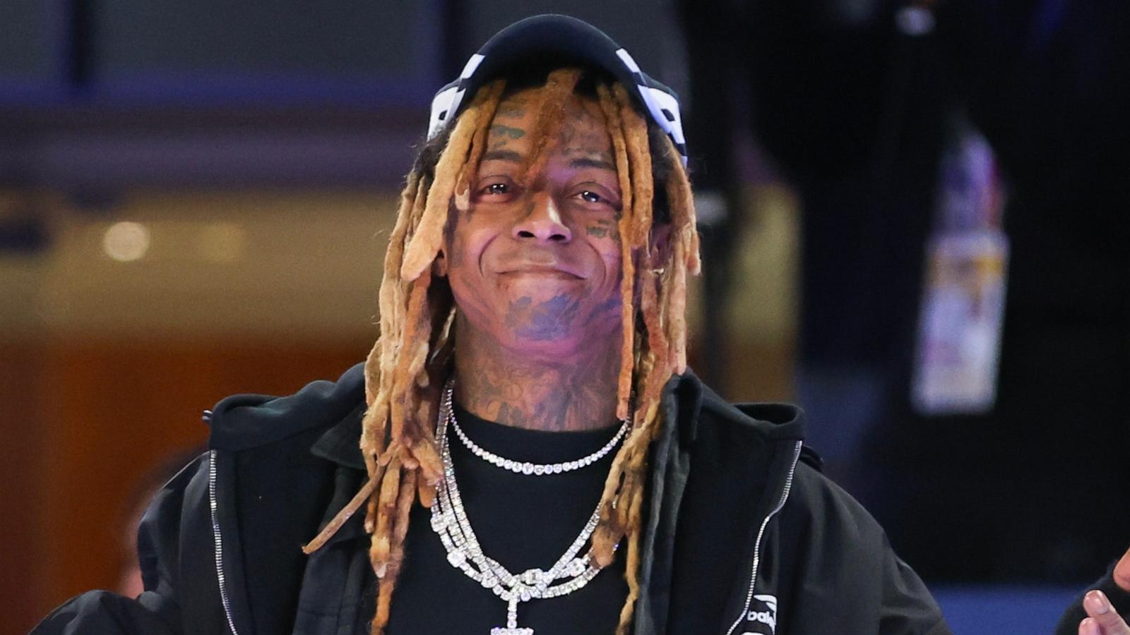 PHOTO: Lil Wayne poses for a photo during the Ruffles NBA All-Star Celebrity Game at Lucas Oil Stadium, Feb. 16, 2024, in Indianapolis.