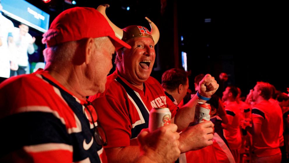 PHOTO: Norway fans watch a FIFA World Cup 2026 match between Saudi Arabia and Uruguay in a nightclub, June 15, 2026 in Boston.