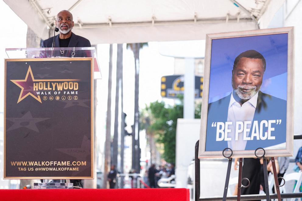 PHOTO: LeVar Burton speaks on the day actor Carl Weathers is honored posthumously with a star on the Hollywood Walk of Fame, in Los Angeles, Aug. 29, 2024. 