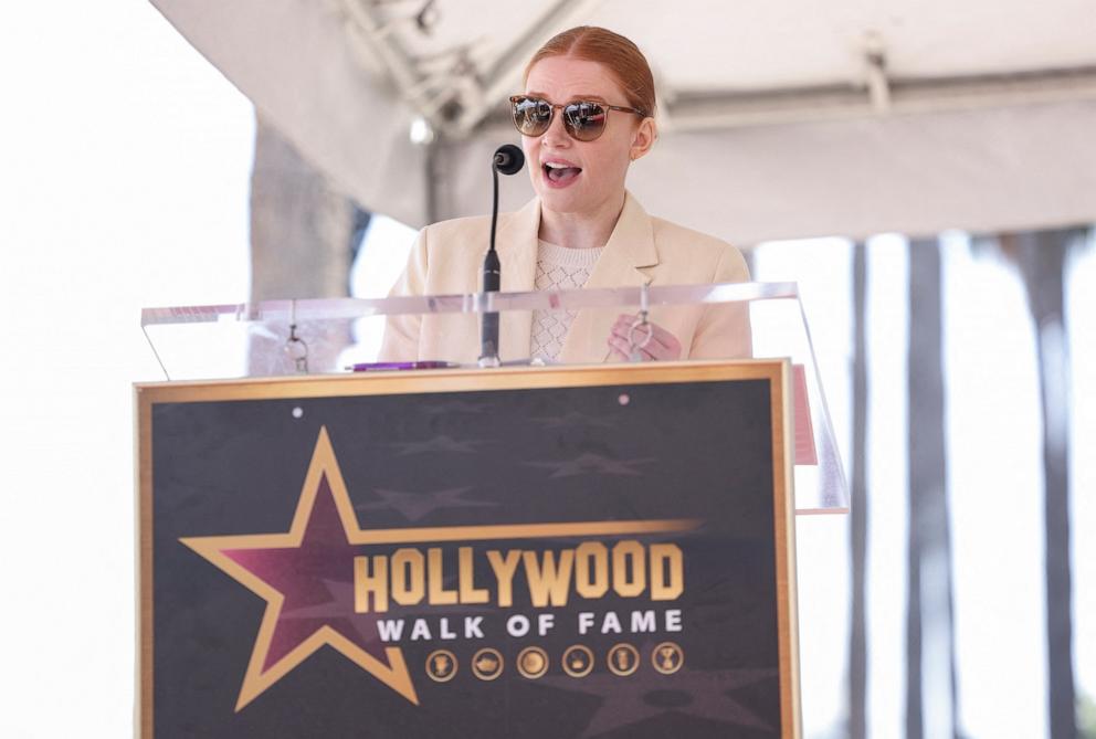 PHOTO: Bryce Dallas Howard speaks on the day actor Carl Weathers is honored posthumously with a star on the Hollywood Walk of Fame, in Los Angeles, Aug. 29, 2024. 