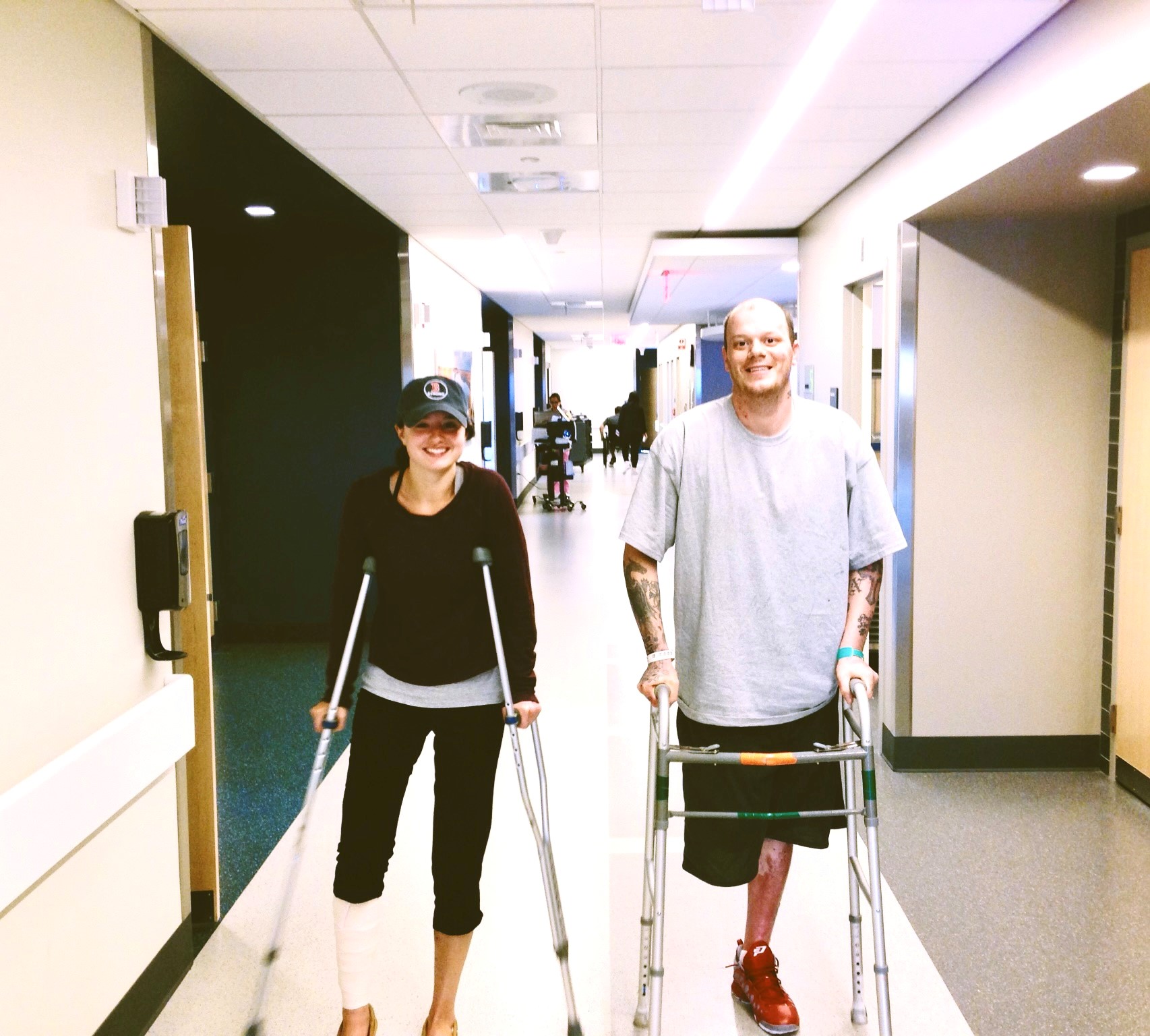 PHOTO: Jacqui Webb and her fiancé Paul Norden are pictured recovering at Tufts Medical Center after the Boston Marathon bombing in 2013.