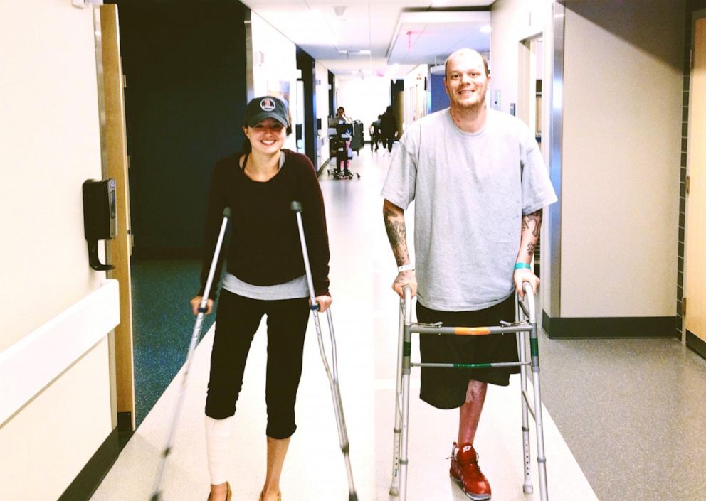 PHOTO: Jacqui Webb and her fiancé Paul Norden are pictured recovering at Tufts Medical Center after the Boston Marathon bombing in 2013.