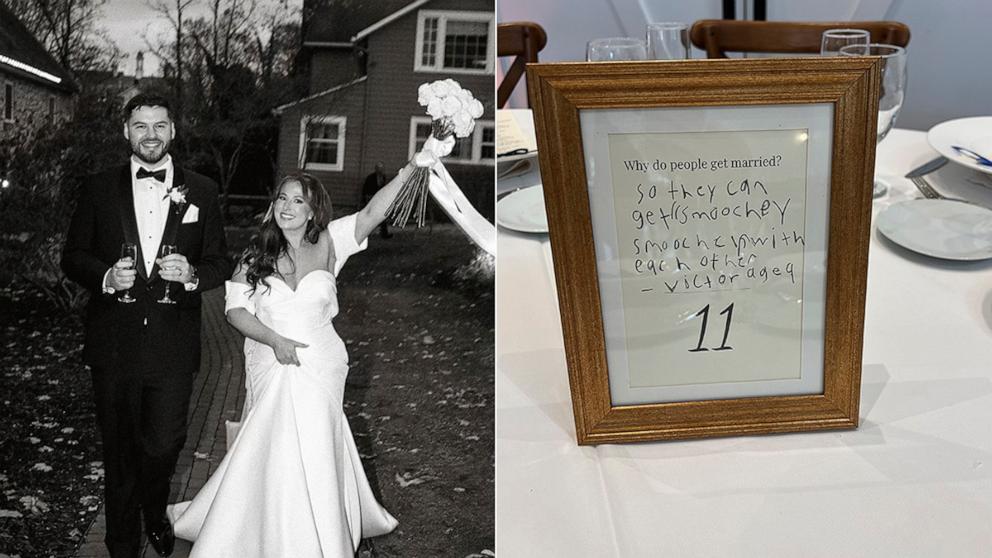 PHOTO: Halle Strieter and Thomas Randles' wedding went viral on TikTok for the centerpieces featuring sweet and funny notes written by the Randles' fourth grade students.