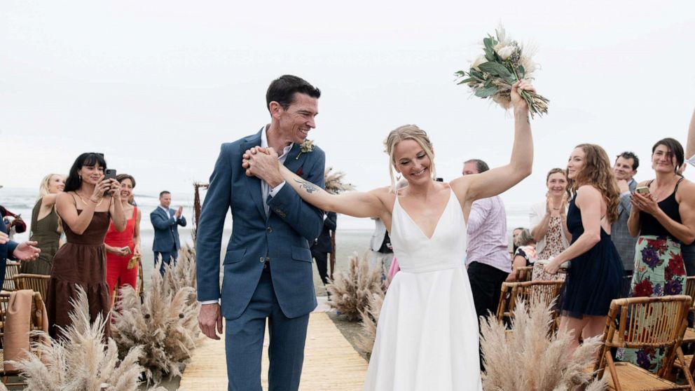 PHOTO: Rock climber Emily Harrington and mountaineer Adrian Ballinger celebrate their wedding in Ecuador.