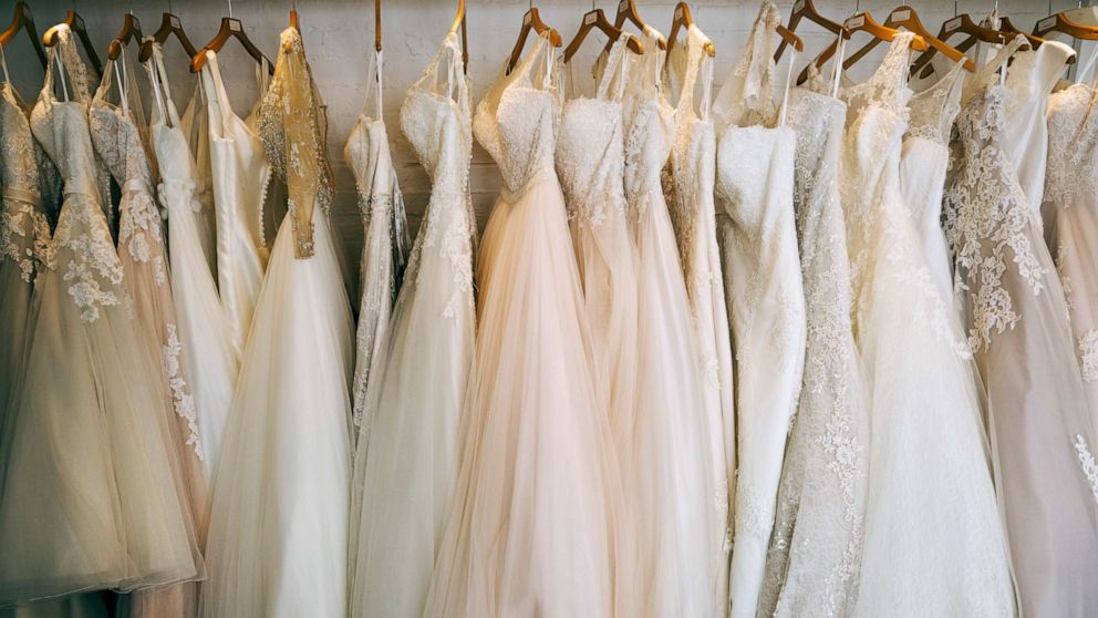 PHOTO: Wedding dresses are seen on a rack in this stock photo.