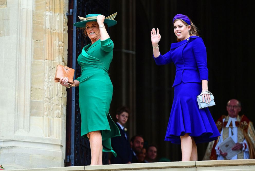 PHOTO: Sarah, Duchess of York and Britain's Princess Beatrice of York arrive to attend the wedding of Britain's Princess Eugenie of York to Jack Brooksbank at St George's Chapel, Windsor Castle, in Windsor, Oct. 12, 2018.