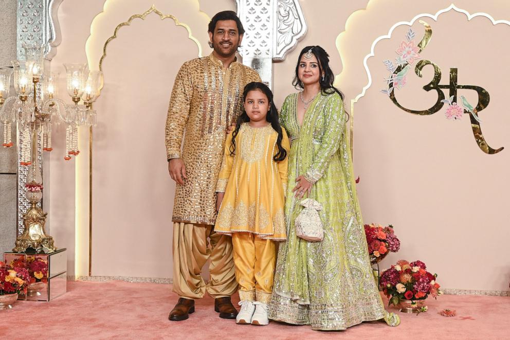 PHOTO: Mahendra Singh Dhoni with Sakshi Singh and daughter Ziva Singh Dhoni as they arrive to attend the wedding ceremony of billionaire tycoon and Chairman of Reliance Industries Mukesh Ambani's son on July 12, 2024.