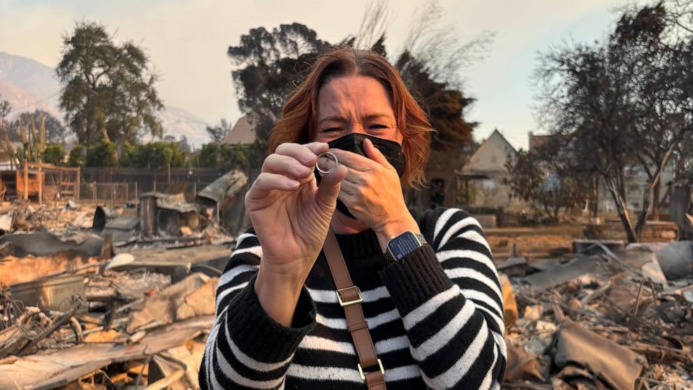 PHOTO: Victoria DeSantis shares her story of hope after firefighters found her wedding ring in the rubble of her Altadena home, destroyed by the Eaton fire.